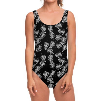 Black And White Monstera Pattern Print One Piece Swimsuit