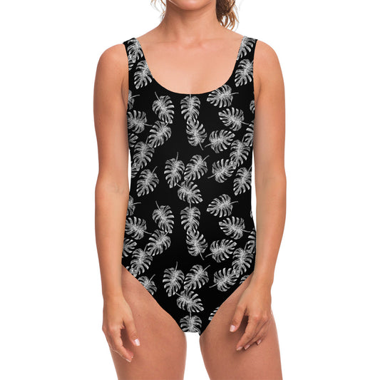 Black And White Monstera Pattern Print One Piece Swimsuit