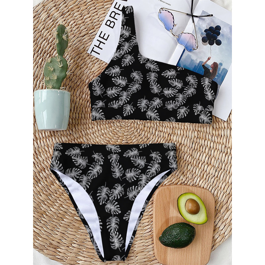 Black And White Monstera Pattern Print One Shoulder Bikini Top