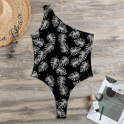 Black And White Monstera Pattern Print One Shoulder Bodysuit