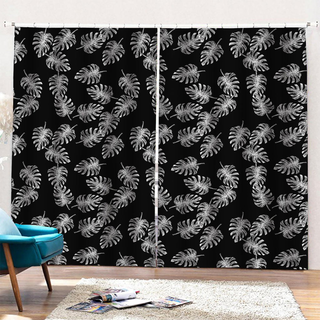 Black And White Monstera Pattern Print Pencil Pleat Curtains