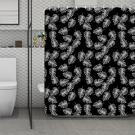 Black And White Monstera Pattern Print Polyester Shower Curtain