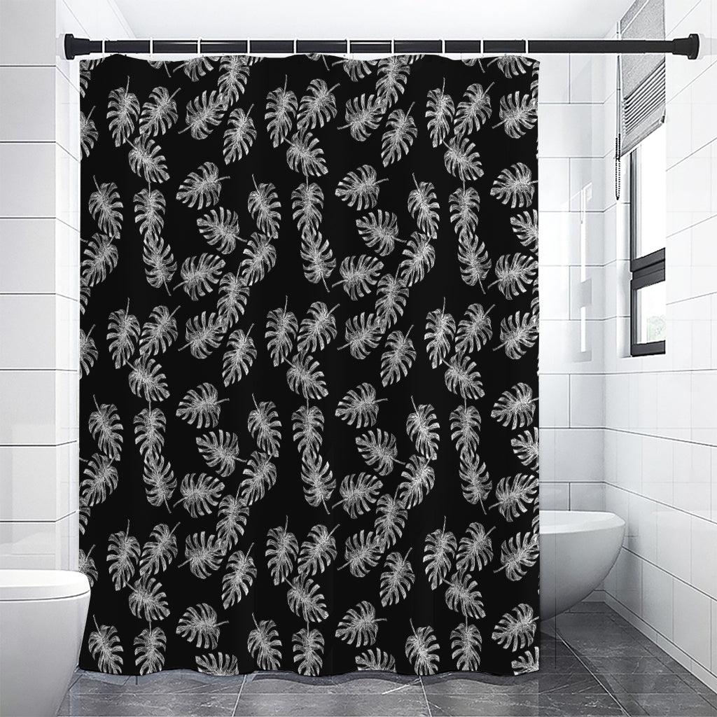 Black And White Monstera Pattern Print Premium Shower Curtain