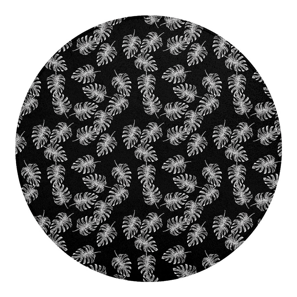 Black And White Monstera Pattern Print Round Blanket