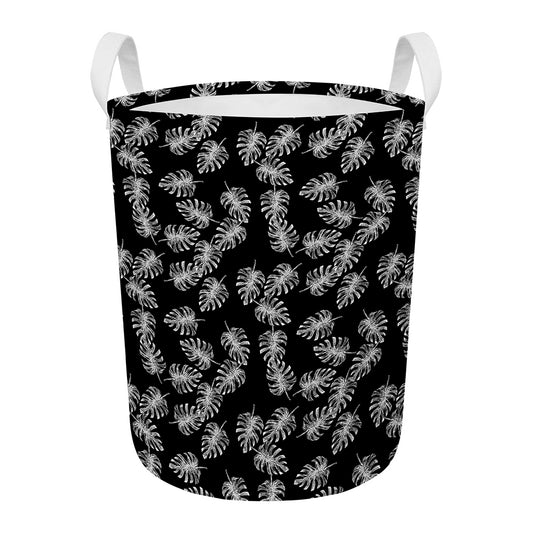 Black And White Monstera Pattern Print Round Laundry Basket