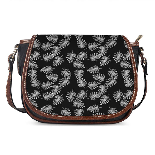 Black And White Monstera Pattern Print Saddle Bag