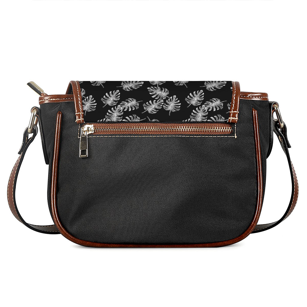 Black And White Monstera Pattern Print Saddle Bag