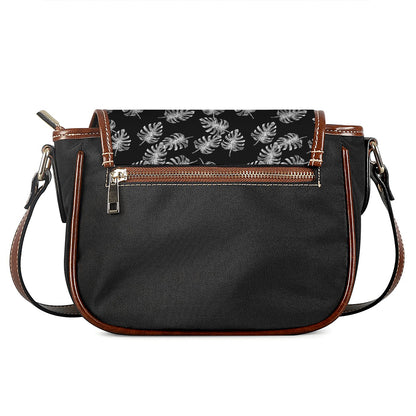 Black And White Monstera Pattern Print Saddle Bag