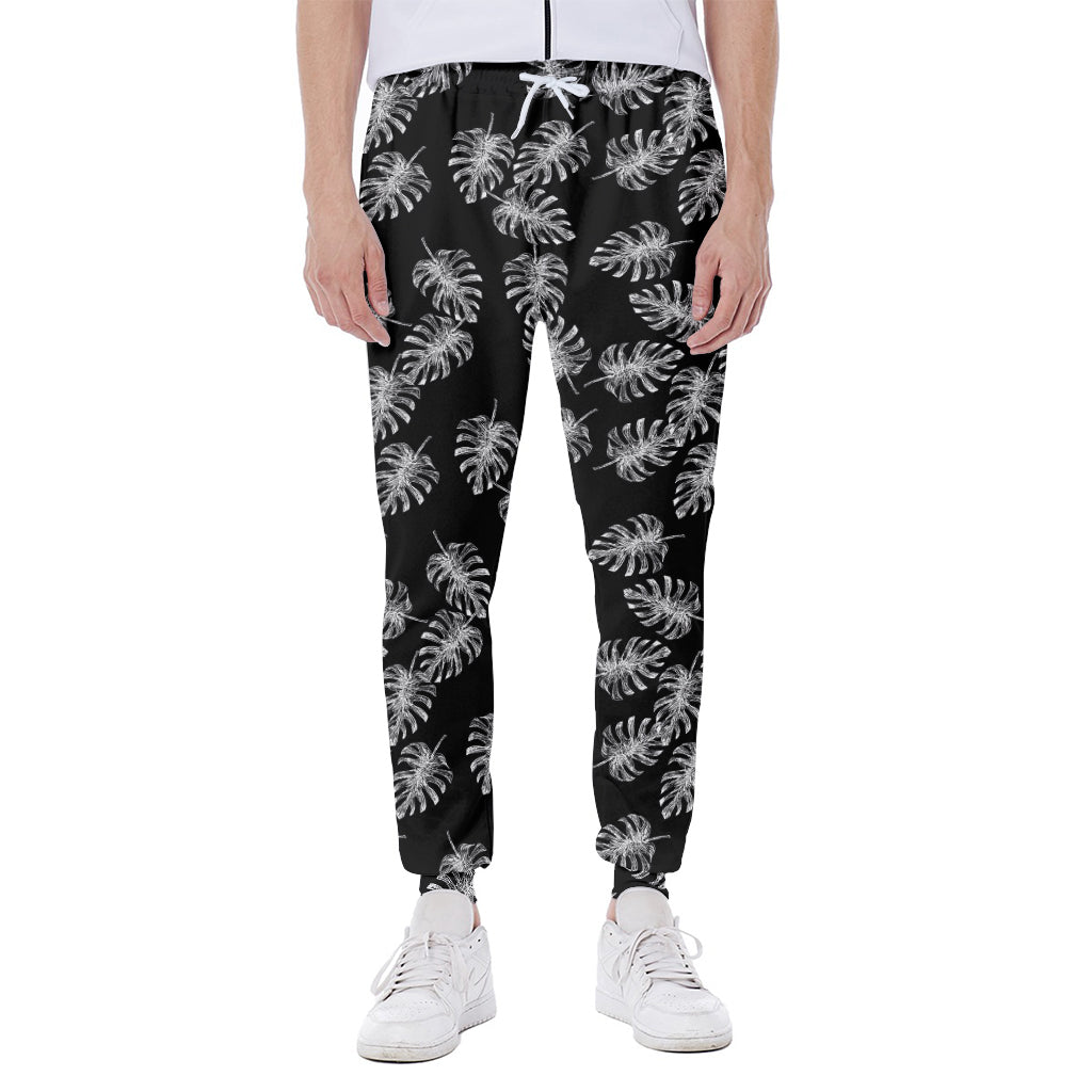Black And White Monstera Pattern Print Scuba Joggers