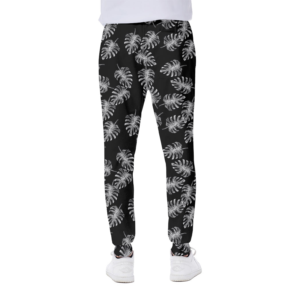 Black And White Monstera Pattern Print Scuba Joggers