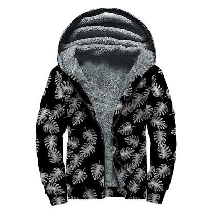 Black And White Monstera Pattern Print Sherpa Lined Zip Up Hoodie