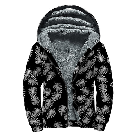 Black And White Monstera Pattern Print Sherpa Lined Zip Up Hoodie