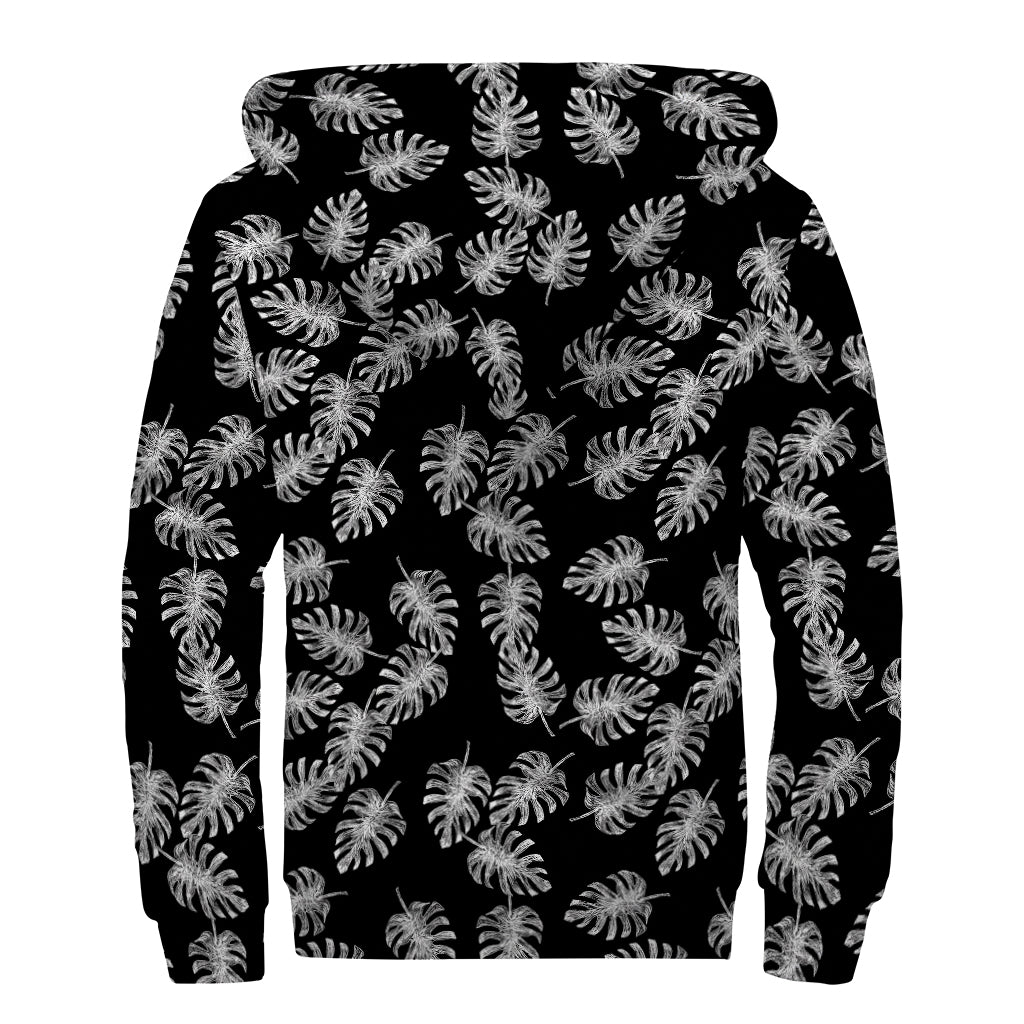 Black And White Monstera Pattern Print Sherpa Lined Zip Up Hoodie