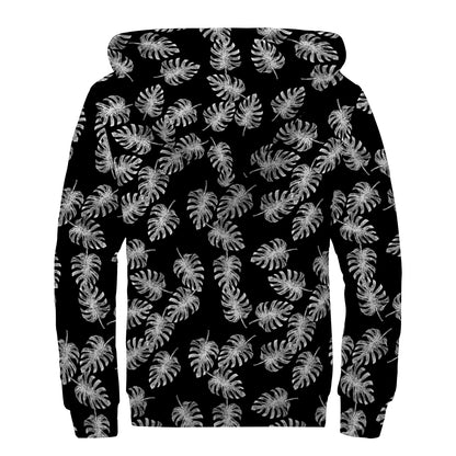 Black And White Monstera Pattern Print Sherpa Lined Zip Up Hoodie