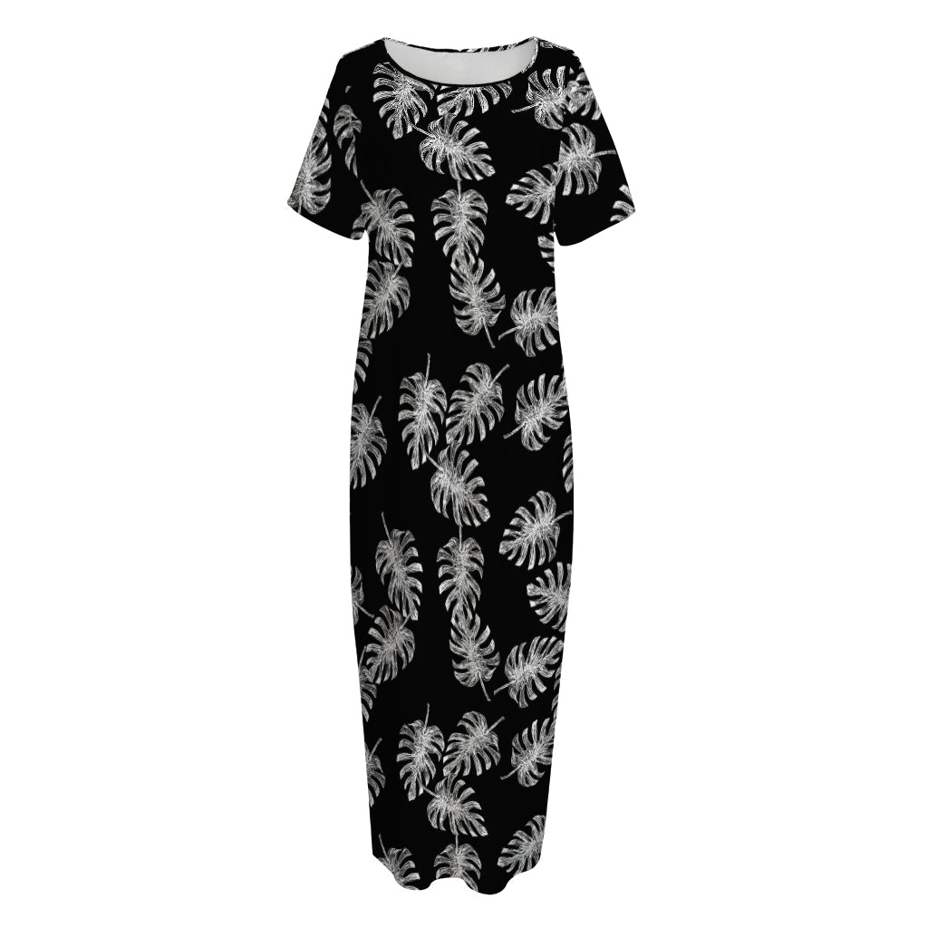 Black And White Monstera Pattern Print Short Sleeve Long Nightdress