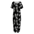 Black And White Monstera Pattern Print Short Sleeve Long Nightdress