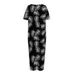 Black And White Monstera Pattern Print Short Sleeve Long Nightdress