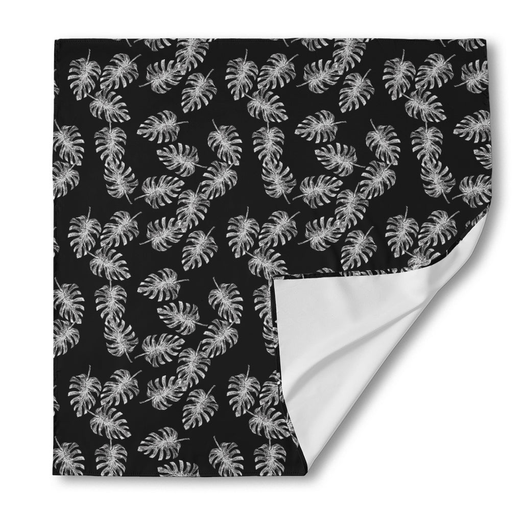 Black And White Monstera Pattern Print Silk Bandana