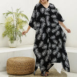 Black And White Monstera Pattern Print Silk V-Neck Kaftan Dress