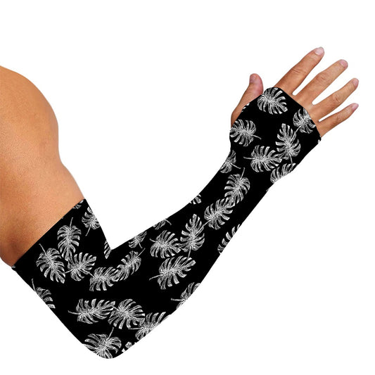 Black And White Monstera Pattern Print Sun Protection Arm Sleeves