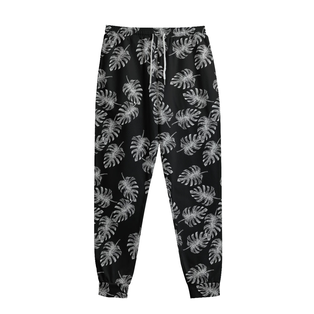 Black And White Monstera Pattern Print Sweatpants