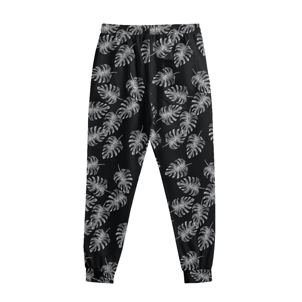 Black And White Monstera Pattern Print Sweatpants