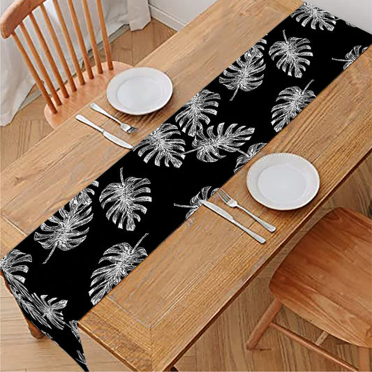 Black And White Monstera Pattern Print Table Runner
