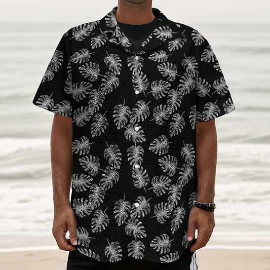 Black And White Monstera Pattern Print Textured Short Sleeve Shirt