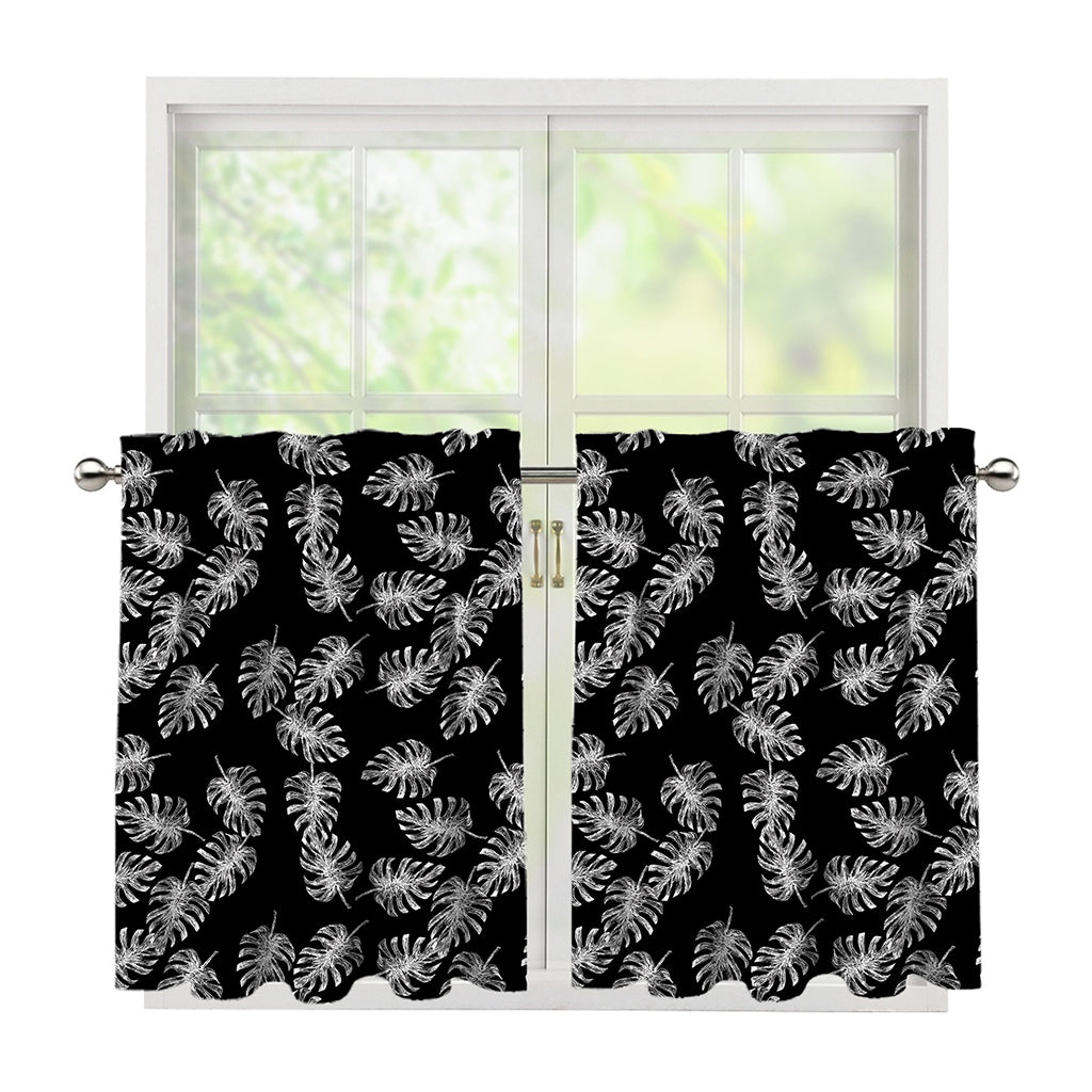 Black And White Monstera Pattern Print Tier Curtains