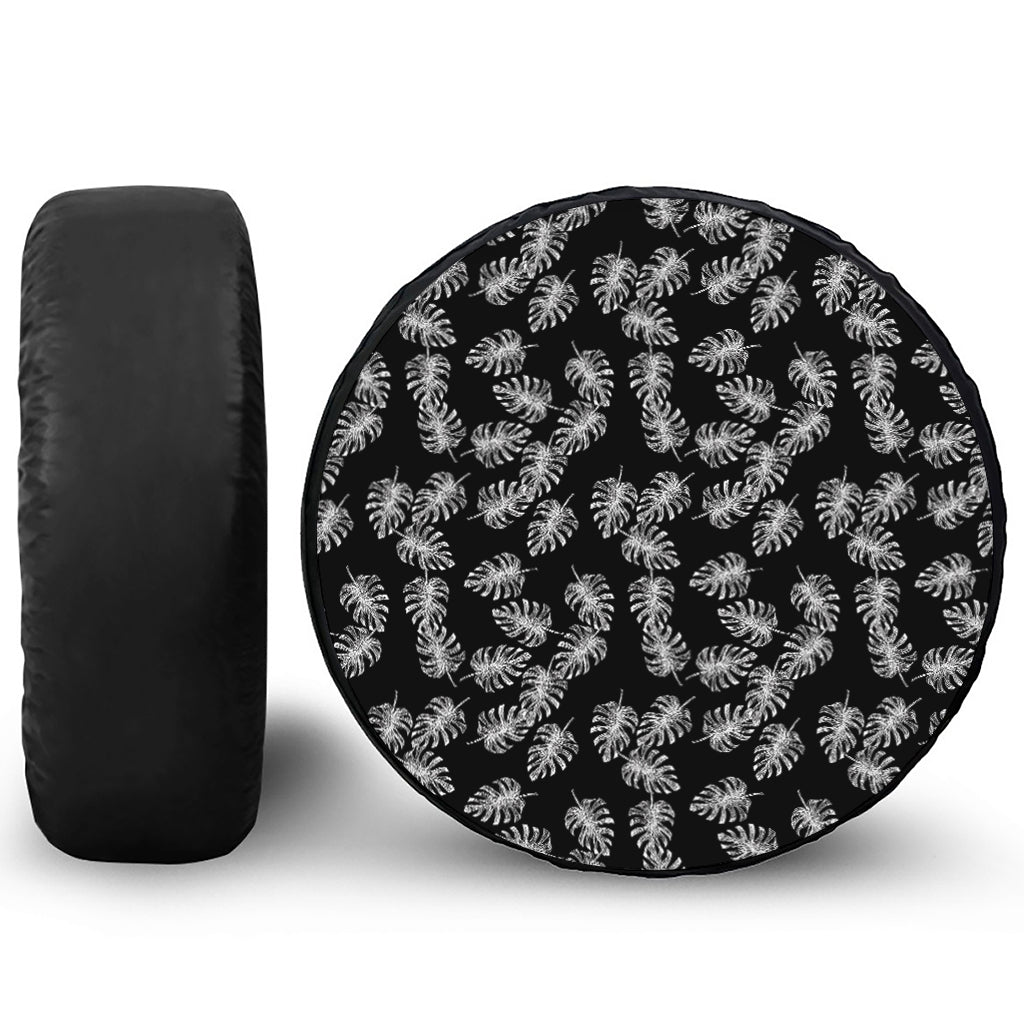 Black And White Monstera Pattern Print Tire Cover