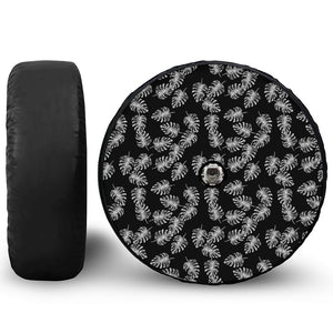 Black And White Monstera Pattern Print Tire Cover With Camera Hole