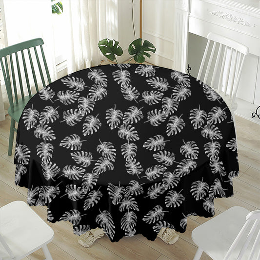 Black And White Monstera Pattern Print Waterproof Round Tablecloth
