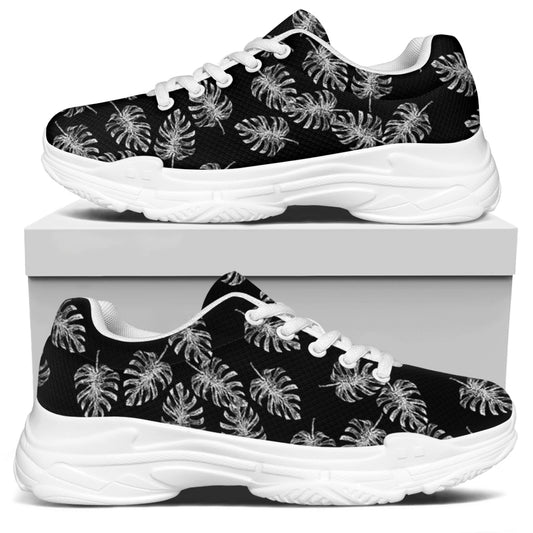 Black And White Monstera Pattern Print White Chunky Shoes