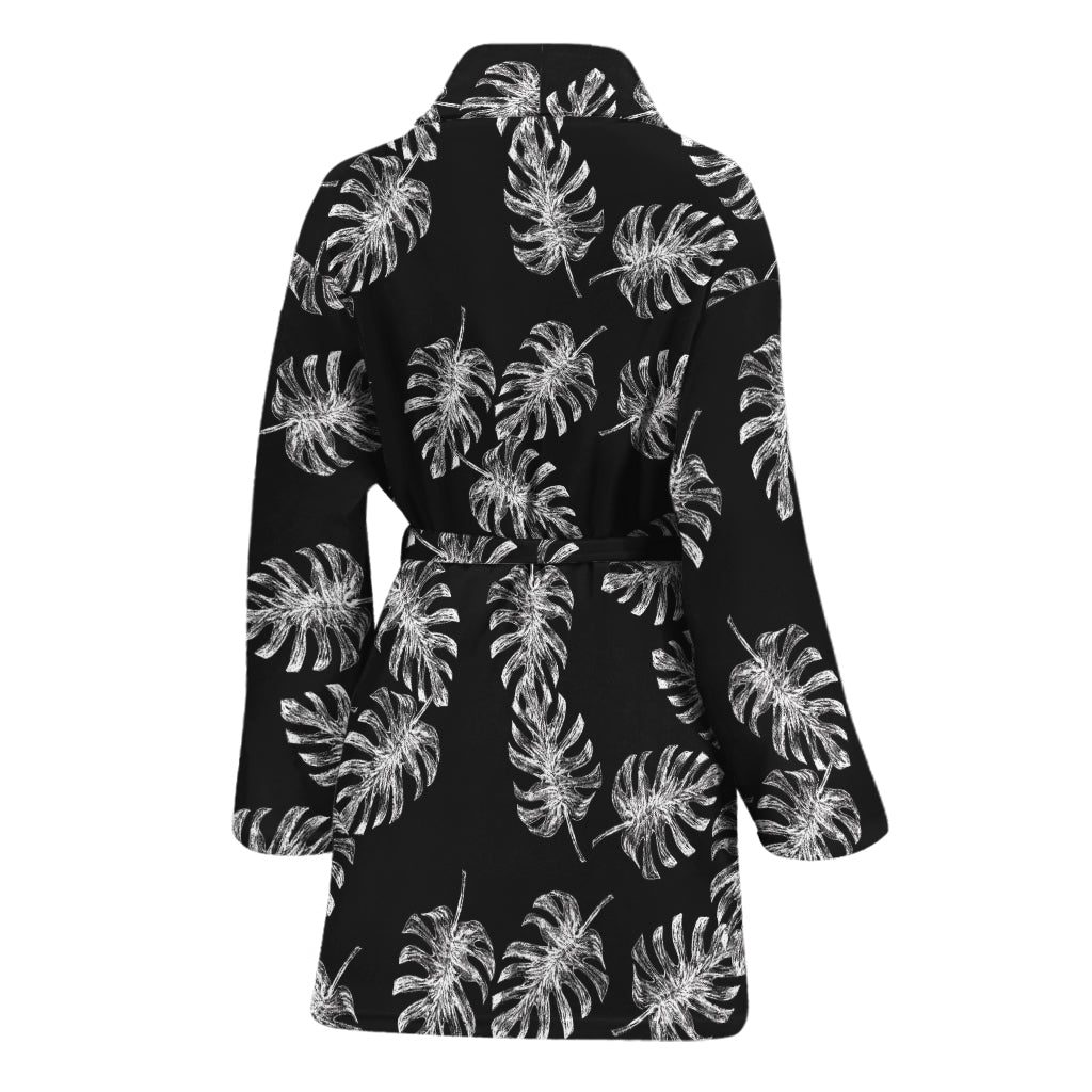 Black And White Monstera Pattern Print Women's Bathrobe