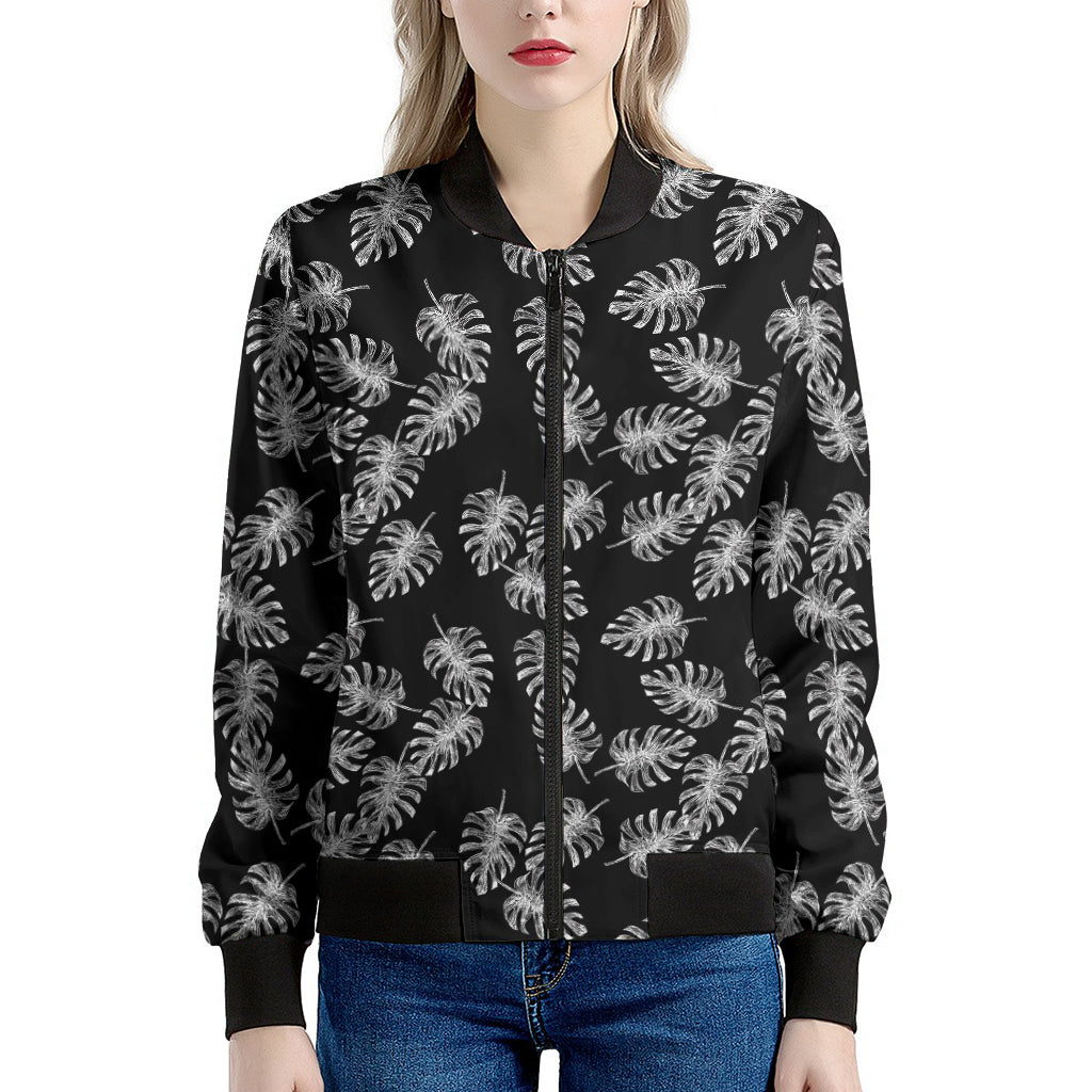 Black And White Monstera Pattern Print Women's Bomber Jacket