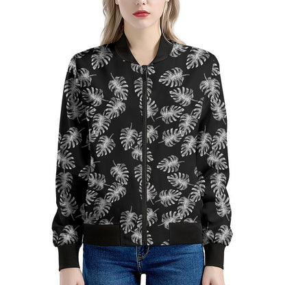 Black And White Monstera Pattern Print Women's Bomber Jacket