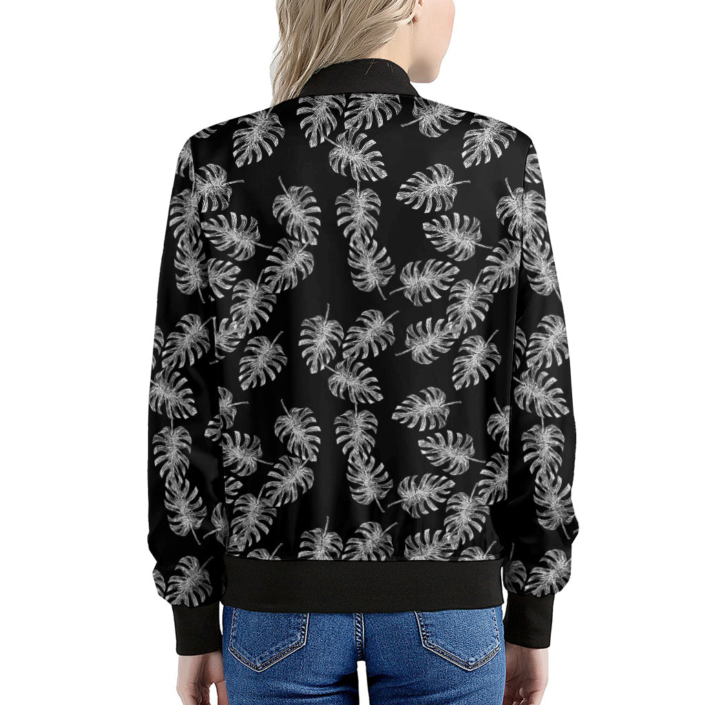 Black And White Monstera Pattern Print Women's Bomber Jacket