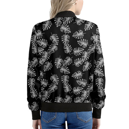Black And White Monstera Pattern Print Women's Bomber Jacket