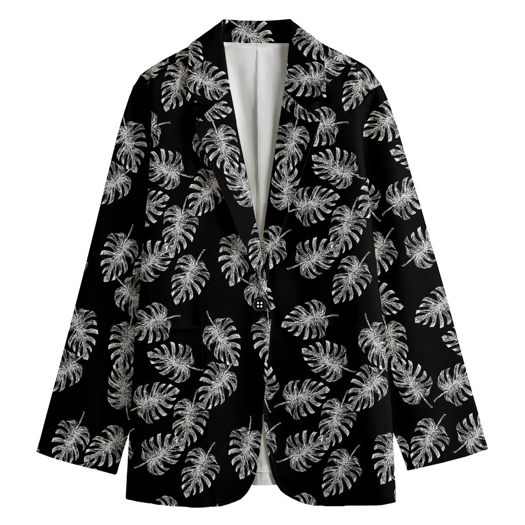 Black And White Monstera Pattern Print Women's Cotton Blazer