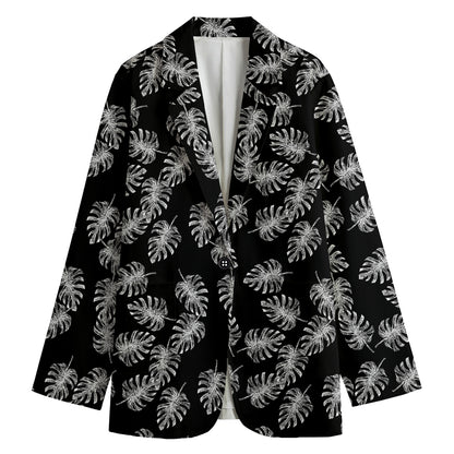Black And White Monstera Pattern Print Women's Cotton Blazer