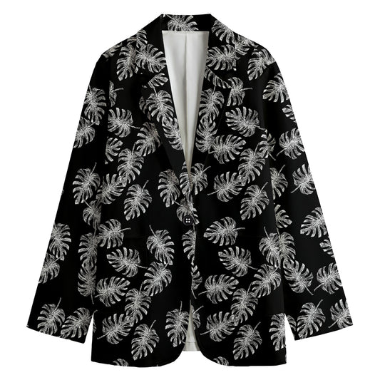 Black And White Monstera Pattern Print Women's Cotton Blazer