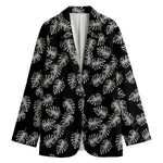 Black And White Monstera Pattern Print Women's Cotton Blazer