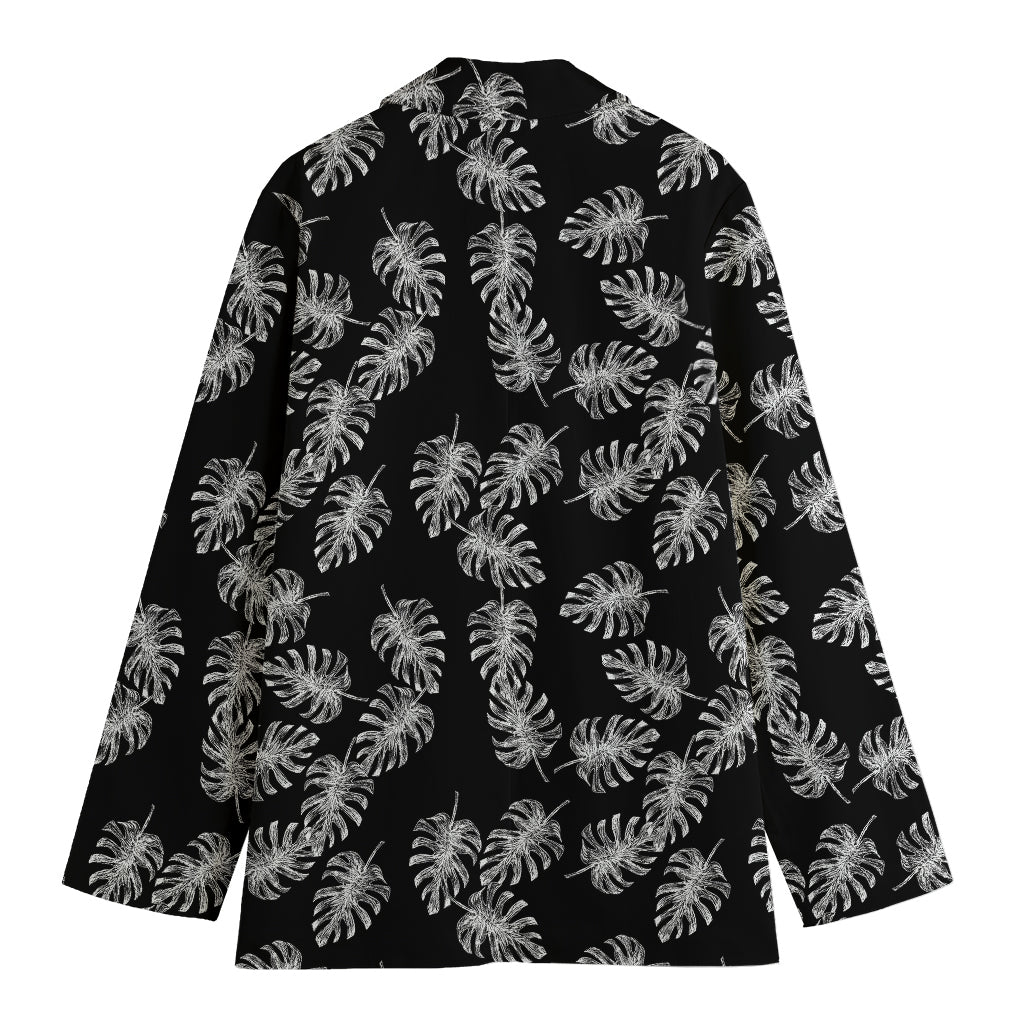 Black And White Monstera Pattern Print Women's Cotton Blazer