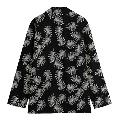 Black And White Monstera Pattern Print Women's Cotton Blazer