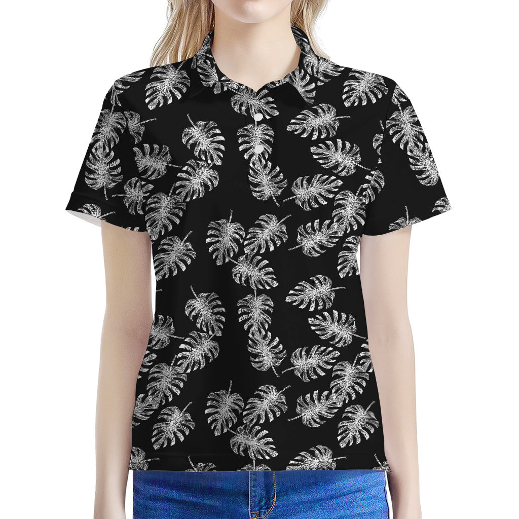 Black And White Monstera Pattern Print Women's Polo Shirt
