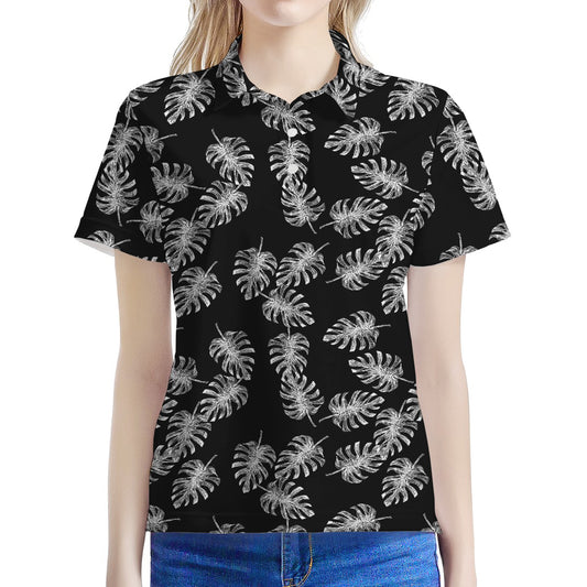 Black And White Monstera Pattern Print Women's Polo Shirt