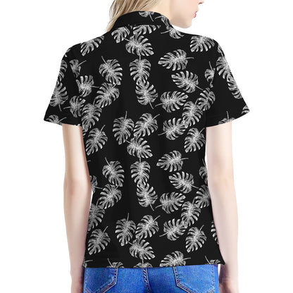 Black And White Monstera Pattern Print Women's Polo Shirt