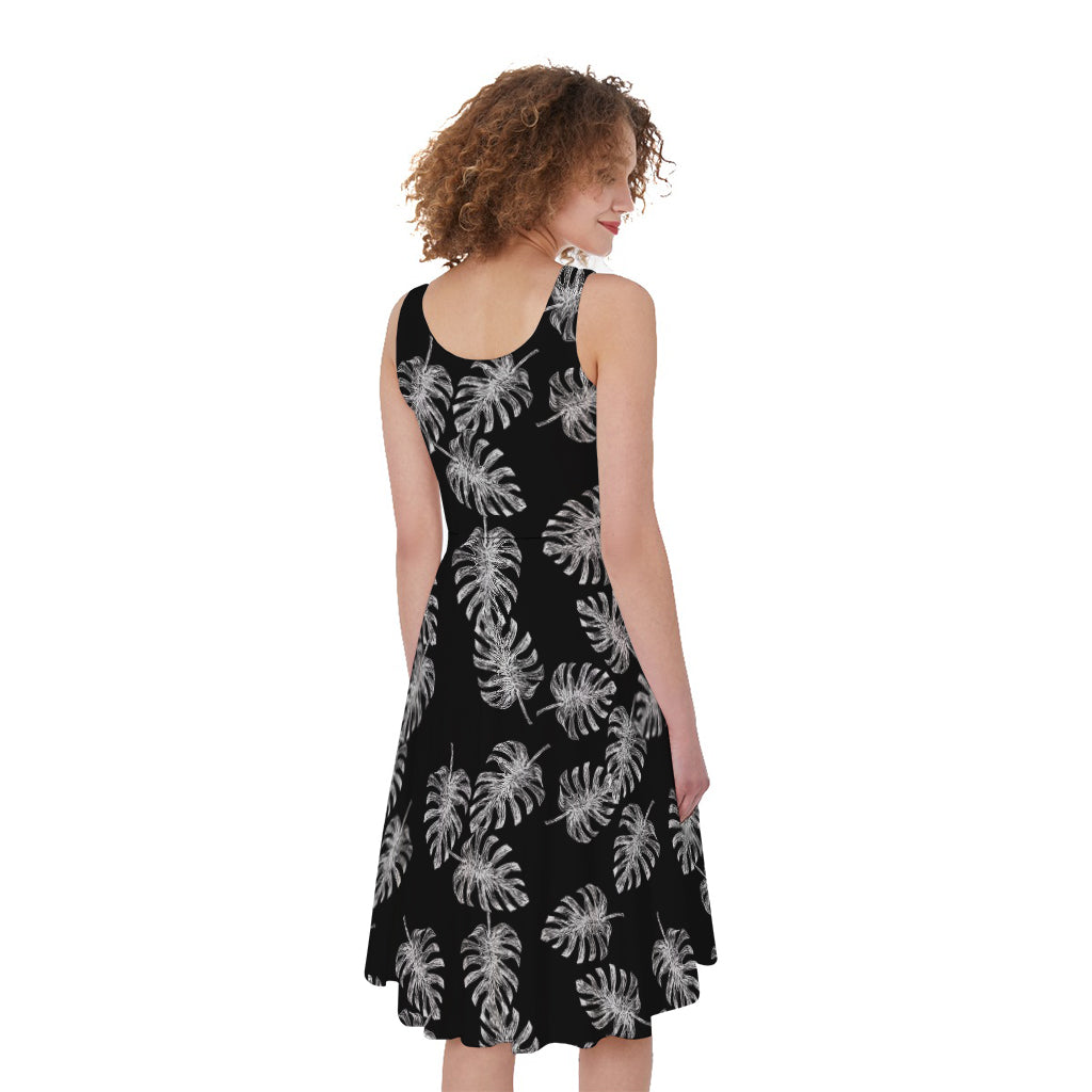 Black And White Monstera Pattern Print Women's Sleeveless Dress