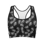 Black And White Monstera Pattern Print Women's Sports Bra