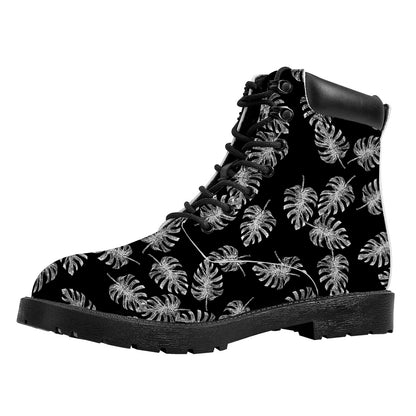 Black And White Monstera Pattern Print Work Boots